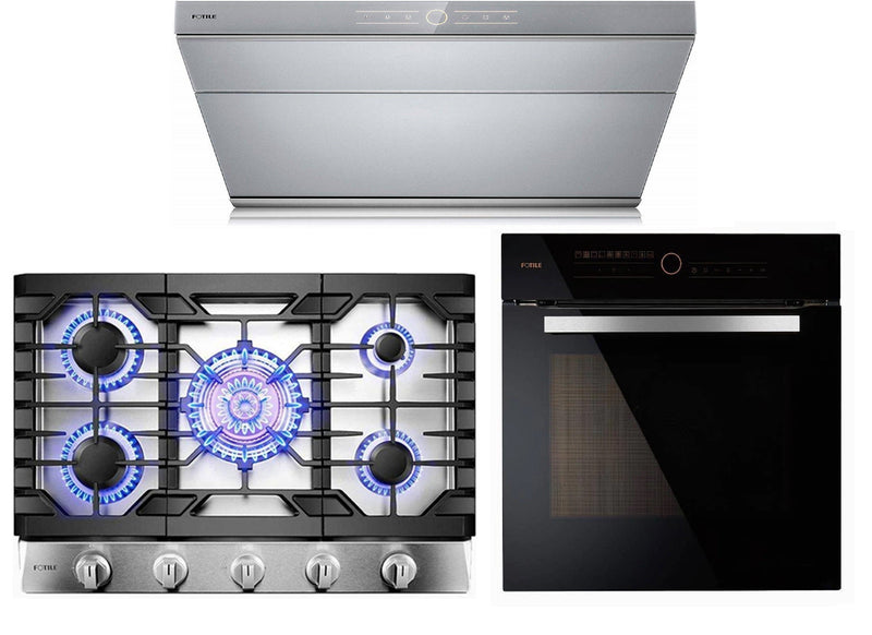Fotile 3-Piece Appliance Package - 30" 850 CFM Under Cabinet Range Hood in Silver Grey Tempered Glass, 30" Natural Gas Cooktop in Stainless Steel & Built-in Wall Oven Appliance Package Fotile KSG7003A 