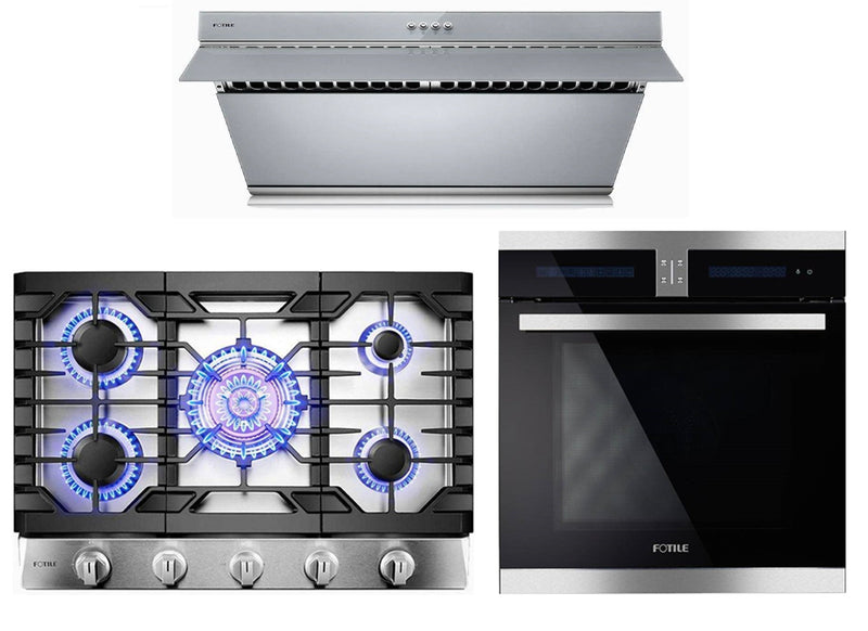 Fotile 3-Piece Appliance Package - 30" 850 CFM Under Cabinet Range Hood in Silver Grey Tempered Glass, 30" Natural Gas Cooktop in Stainless Steel & Built-in Wall Oven Appliance Package Fotile KSS7002A 