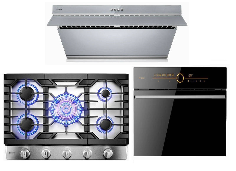 Fotile 3-Piece Appliance Package - 30" 850 CFM Under Cabinet Range Hood in Silver Grey Tempered Glass, 30" Natural Gas Cooktop in Stainless Steel & Built-in Wall Oven Appliance Package Fotile SCD42-C2T 