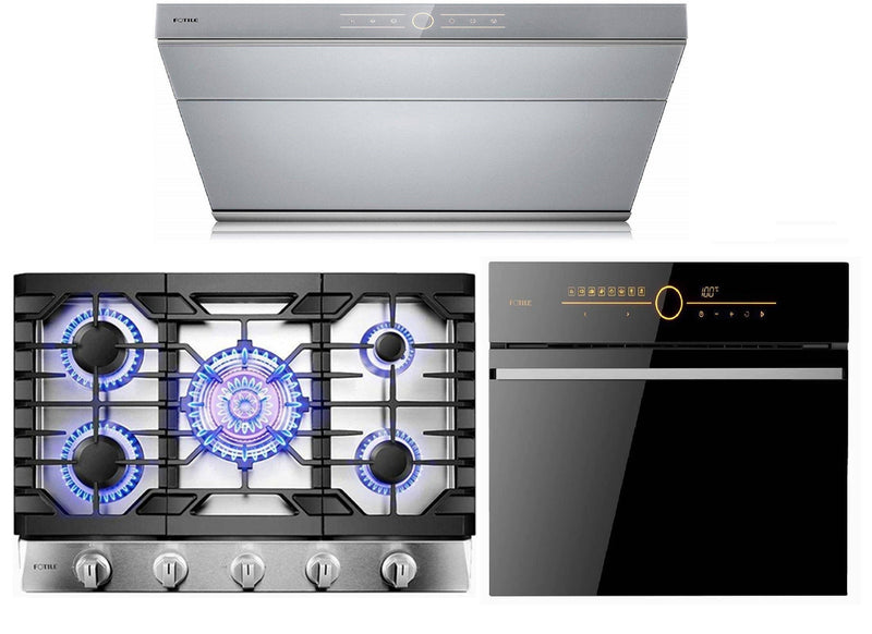 Fotile 3-Piece Appliance Package - 30" 850 CFM Under Cabinet Range Hood in Silver Grey Tempered Glass, 30" Natural Gas Cooktop in Stainless Steel & Built-in Wall Oven Appliance Package Fotile SCD42-C2T 