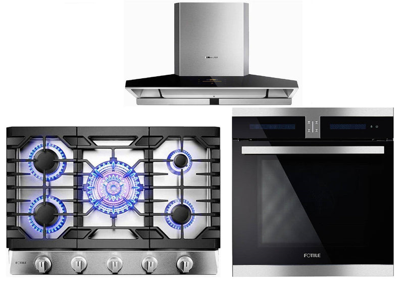 Fotile 3-Piece Appliance Package - 36" 1100 CFM Wall Mount Range Hood in Stainless Steel, 30" Natural Gas Cooktop in Stainless Steel & Built-in Wall Oven Appliance Package Fotile KSS7002A 
