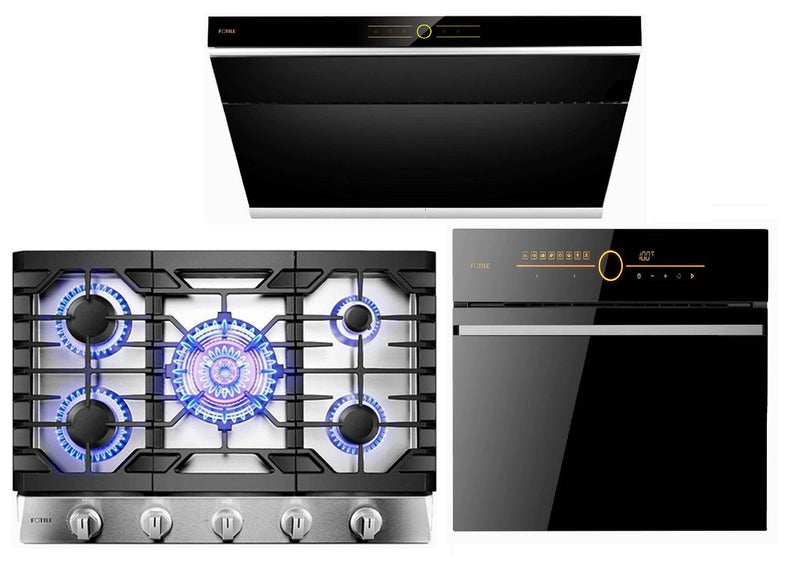 Fotile 3-Piece Appliance Package - 36" 850 CFM Under Cabinet Range Hood in Onyx Black Tempered Glass, 30" Natural Gas Cooktop in Stainless Steel & Built-in Wall Oven Appliance Package Fotile SCD42-C2T 