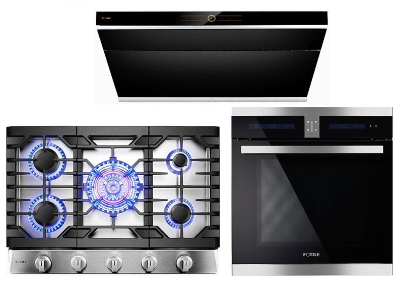 Fotile 3-Piece Appliance Package - 36" 850 CFM Under Cabinet Range Hood in Onyx Black Tempered Glass, 30" Natural Gas Cooktop in Stainless Steel & Built-in Wall Oven Appliance Package Fotile KSS7002A 