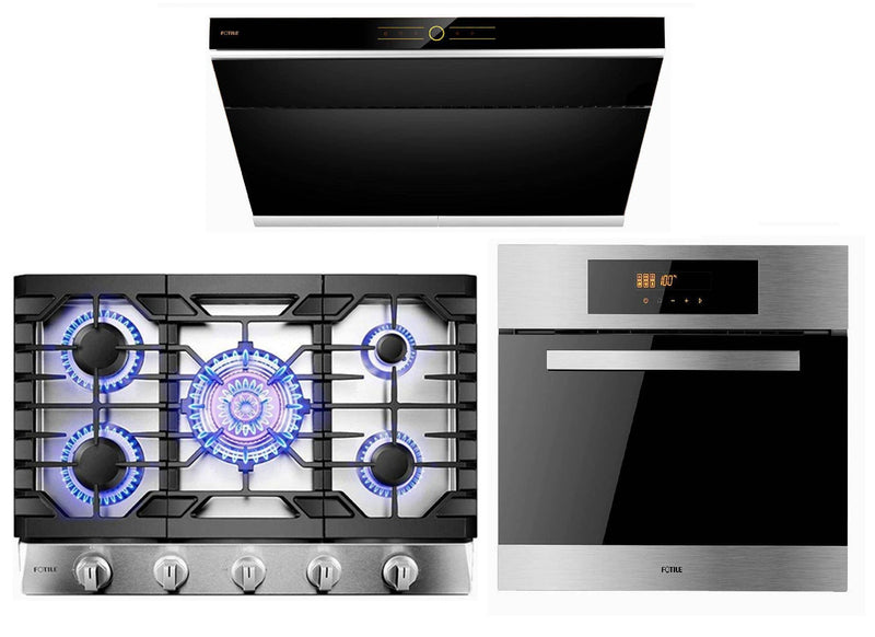 Fotile 3-Piece Appliance Package - 36" 850 CFM Under Cabinet Range Hood in Onyx Black Tempered Glass, 30" Natural Gas Cooktop in Stainless Steel & Built-in Wall Oven Appliance Package Fotile SCD42-F1 