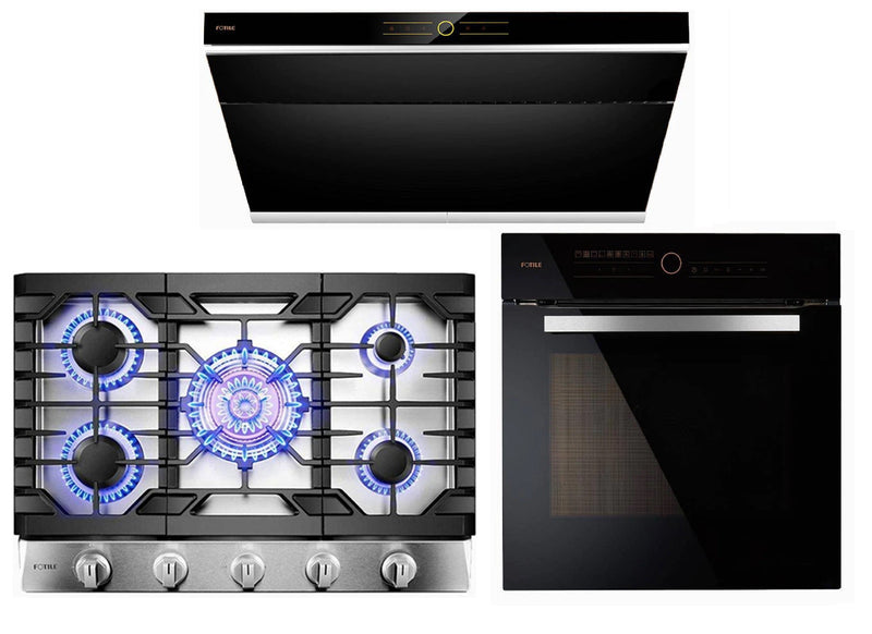Fotile 3-Piece Appliance Package - 36" 850 CFM Under Cabinet Range Hood in Onyx Black Tempered Glass, 30" Natural Gas Cooktop in Stainless Steel & Built-in Wall Oven Appliance Package Fotile KSG7003A 