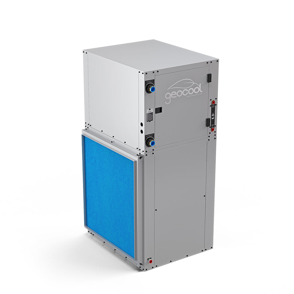 MRCOOL GeoCool HVAC unit cabinet with blue filter panel and left return