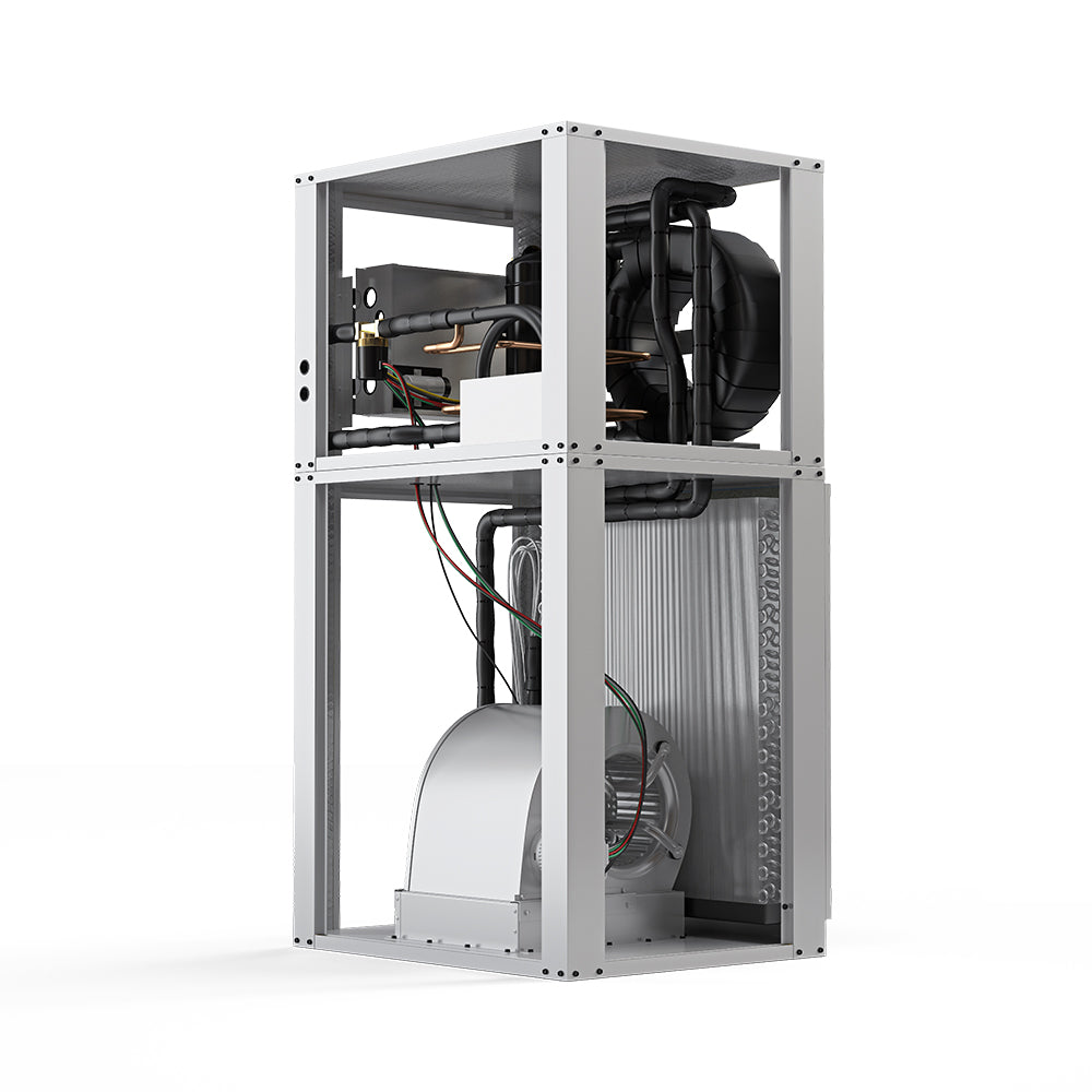 HVAC air handler interior with compressor, coils, and wiring inside gray metal frame.