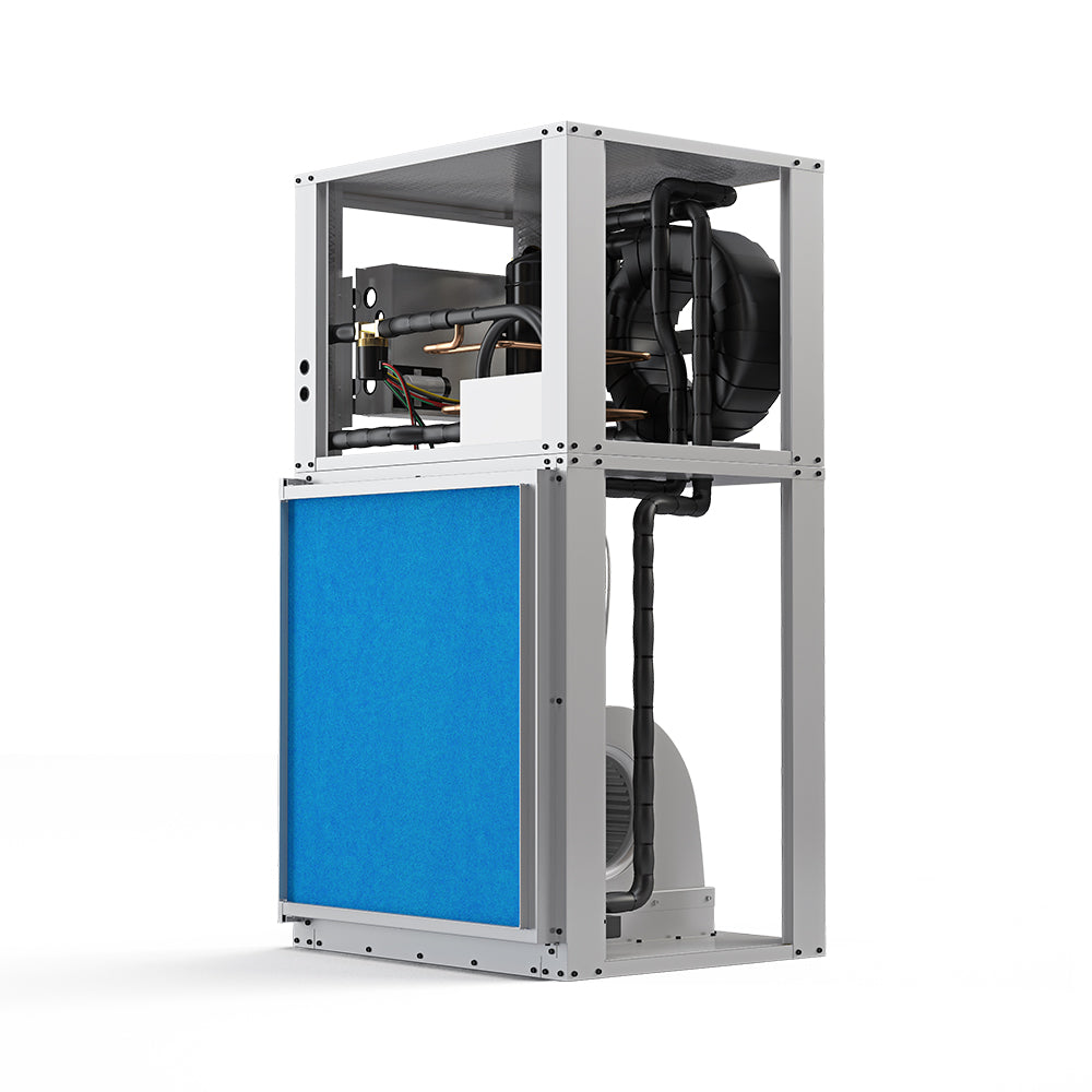MRCOOL GeoCool air handler with open panel showing fan housing and black tubing