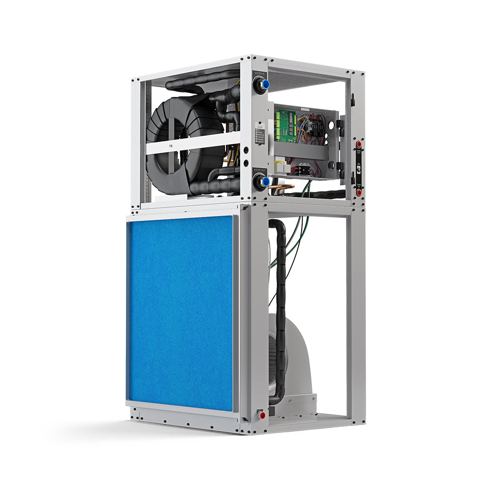 HVAC air handler open view with blue filter panel, compressor, and control electronics