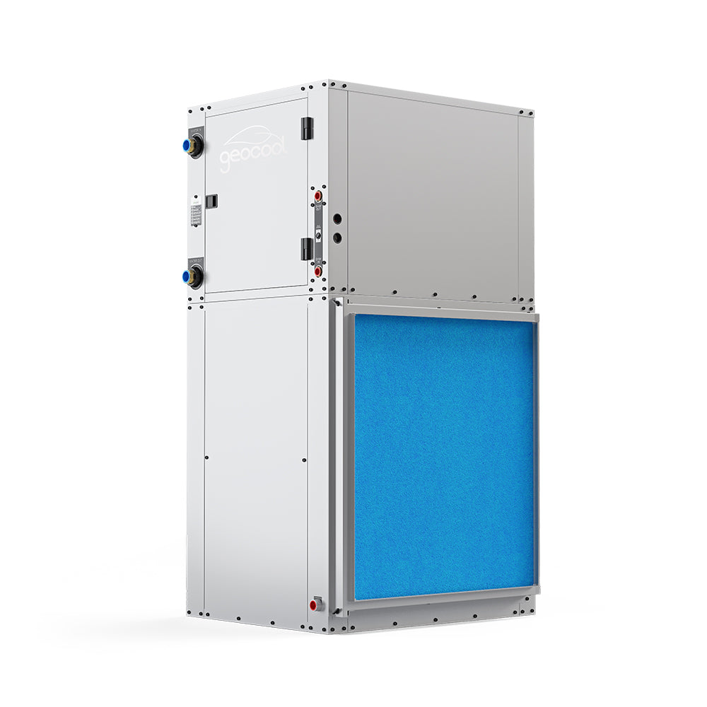 MRCOOL GeoCool HVAC unit with open front section, blue filter panel and controls