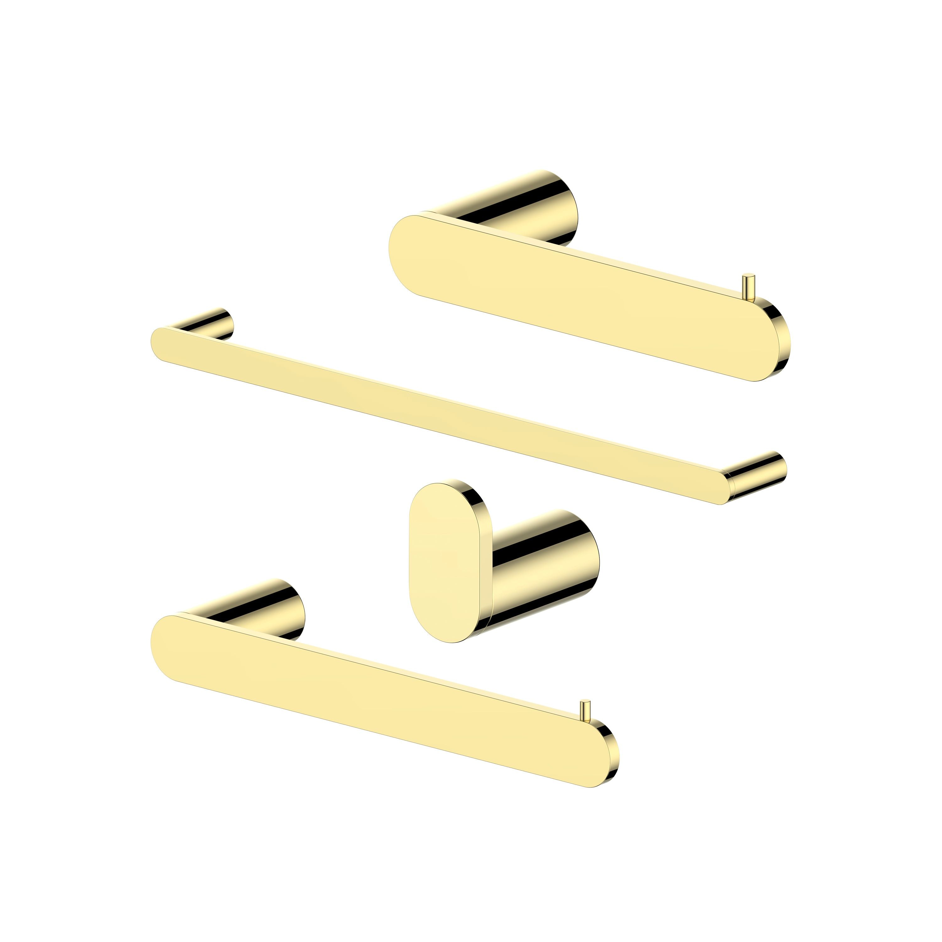 Polished gold towel rail with two rounded ends and concealed mounting bases