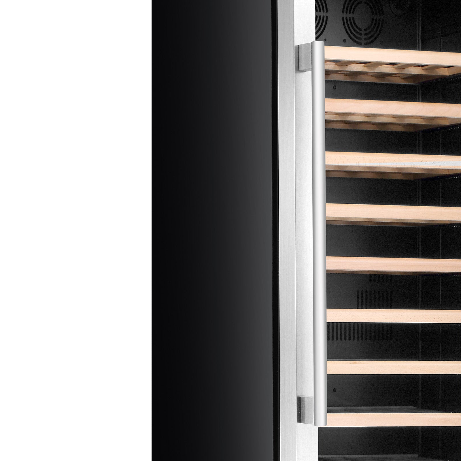 Wine cooler door edge with handle and visible wooden racks behind the glass