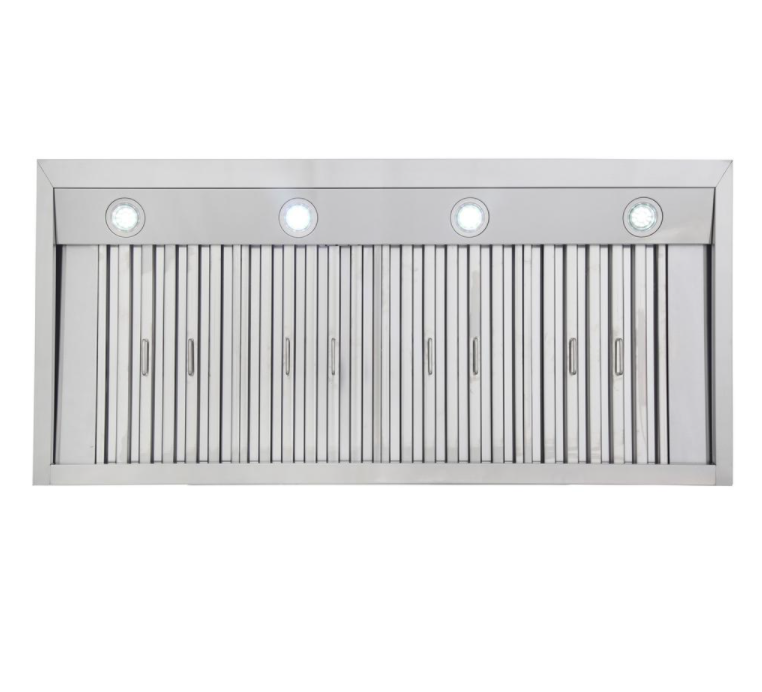 White wall-mounted range hood underside with metal baffle filters and four lights