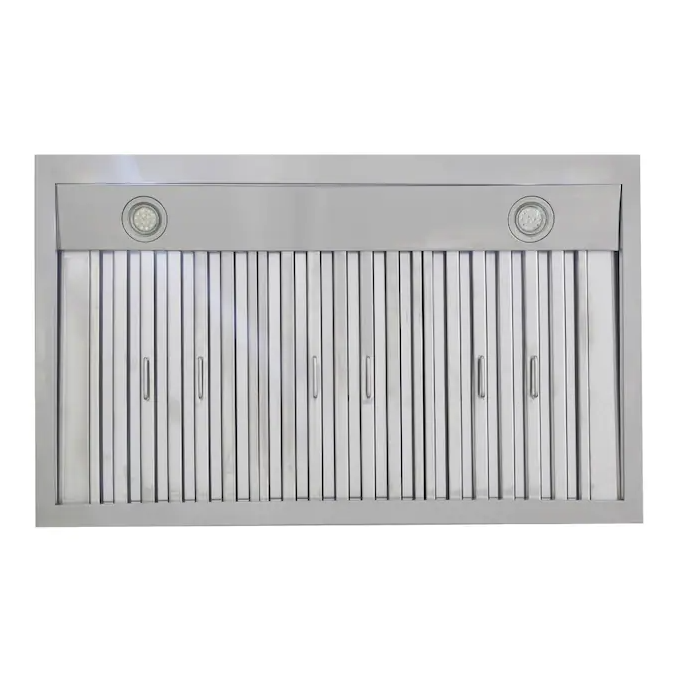 Stainless wall hood canopy with two circular filter covers and vertical baffle filters