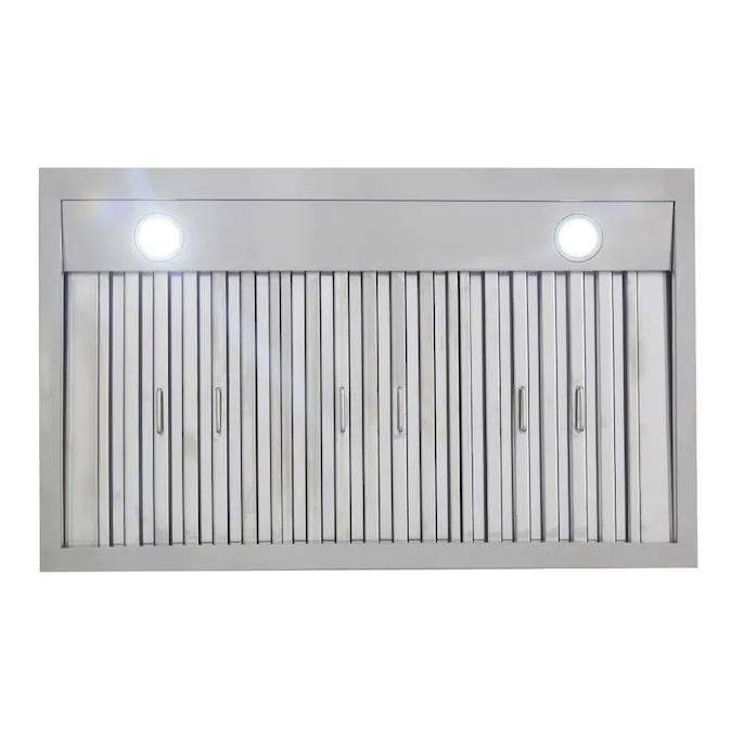 Stainless wall hood canopy with two round lights and vertical baffle filters
