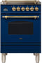ILVE 24-Inch Nostalgie - Dual Fuel Range with 4 Sealed Burners - 2.44 cu. ft. Oven - Brass Trim in Blue (UPN60DMPBL)
