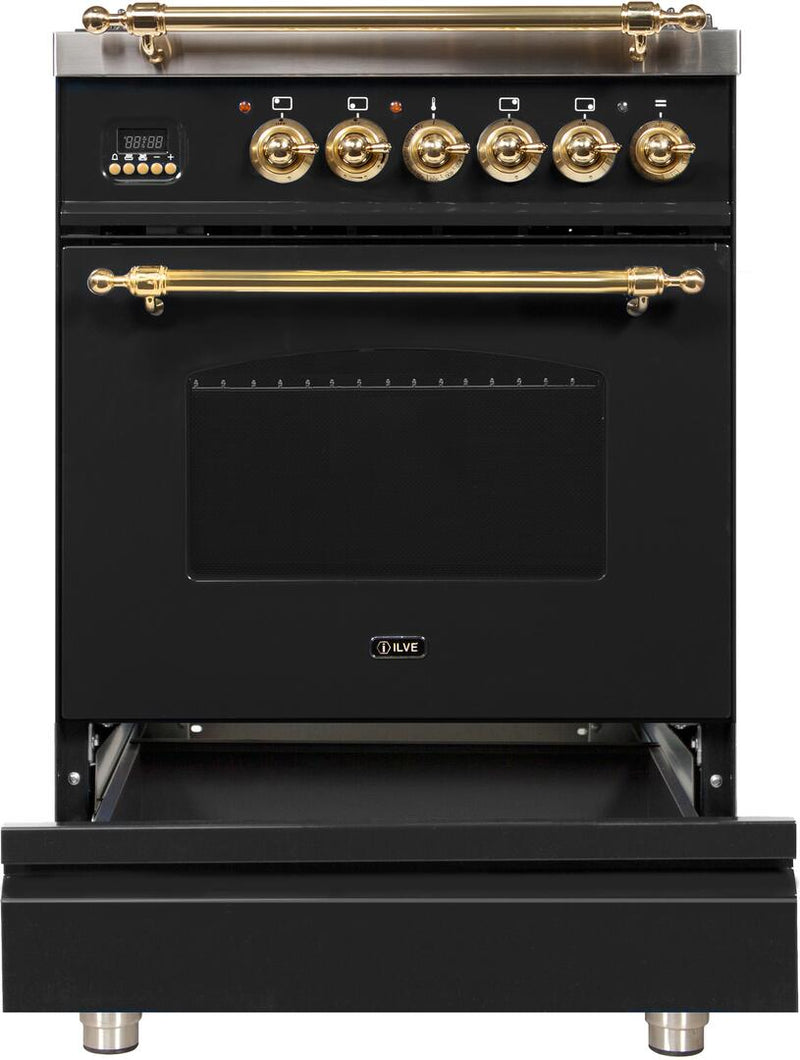 ILVE 24" Nostalgie - Dual Fuel Range with 4 Sealed Burners - 2.44 cu. ft. Oven - Brass Trim in Glossy Black (UPN60DMPN) Ranges ILVE 