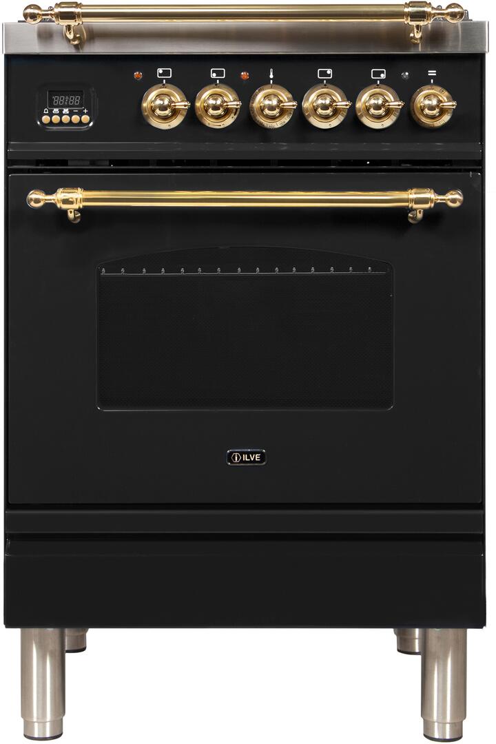 ILVE 24" Nostalgie - Dual Fuel Range with 4 Sealed Burners - 2.44 cu. ft. Oven - Brass Trim in Glossy Black (UPN60DMPN) Ranges ILVE 