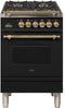 ILVE 24-Inch Nostalgie - Dual Fuel Range with 4 Sealed Burners - 2.44 cu. ft. Oven - Brass Trim in Glossy Black (UPN60DMPN)