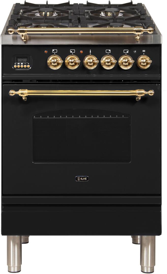 ILVE 24" Nostalgie - Dual Fuel Range with 4 Sealed Burners - 2.44 cu. ft. Oven - Brass Trim in Glossy Black (UPN60DMPN) Ranges ILVE 