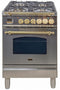 ILVE 24-Inch Nostalgie - Dual Fuel Range with 4 Sealed Burners - 2.44 cu. ft. Oven - Brass Trim in Stainless Steel (UPN60DMPI)