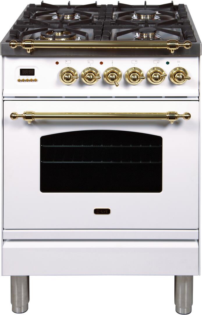 ILVE 24" Nostalgie - Dual Fuel Range with 4 Sealed Burners - 2.44 cu. ft. Oven - Brass Trim in White (UPN60DMPB) Ranges ILVE 