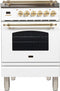 ILVE 24-Inch Nostalgie - Dual Fuel Range with 4 Sealed Burners - 2.44 cu. ft. Oven - Brass Trim in White (UPN60DMPB)