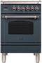 ILVE 24-Inch Nostalgie - Dual Fuel Range with 4 Sealed Burners - 2.44 cu. ft. Oven - Bronze Trim in Blue Grey (UPN60DMPGUY)
