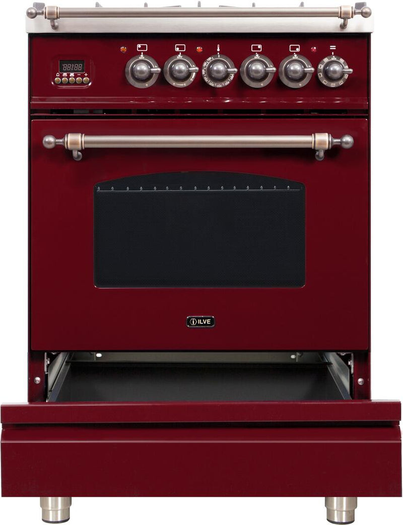 ILVE 24" Nostalgie - Dual Fuel Range with 4 Sealed Burners - 2.44 cu. ft. Oven - Bronze Trim in Burgundy (UPN60DMPRBY) Ranges ILVE 