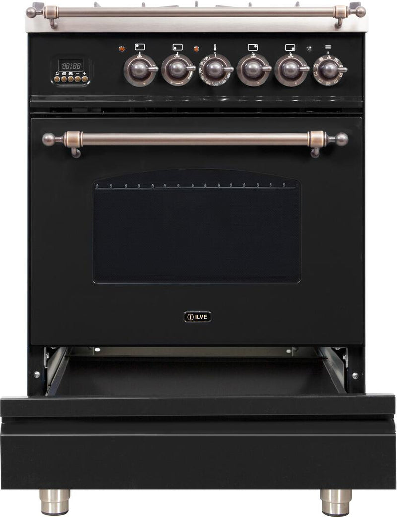 ILVE 24" Nostalgie - Dual Fuel Range with 4 Sealed Burners - 2.44 cu. ft. Oven - Bronze Trim in Glossy Black (UPN60DMPNY) Ranges ILVE 