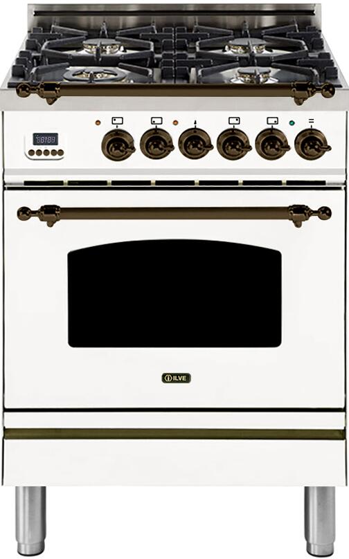 ILVE 24" Nostalgie - Dual Fuel Range with 4 Sealed Burners - 2.44 cu. ft. Oven - Bronze Trim in White (UPN60DMPBY) Ranges ILVE 