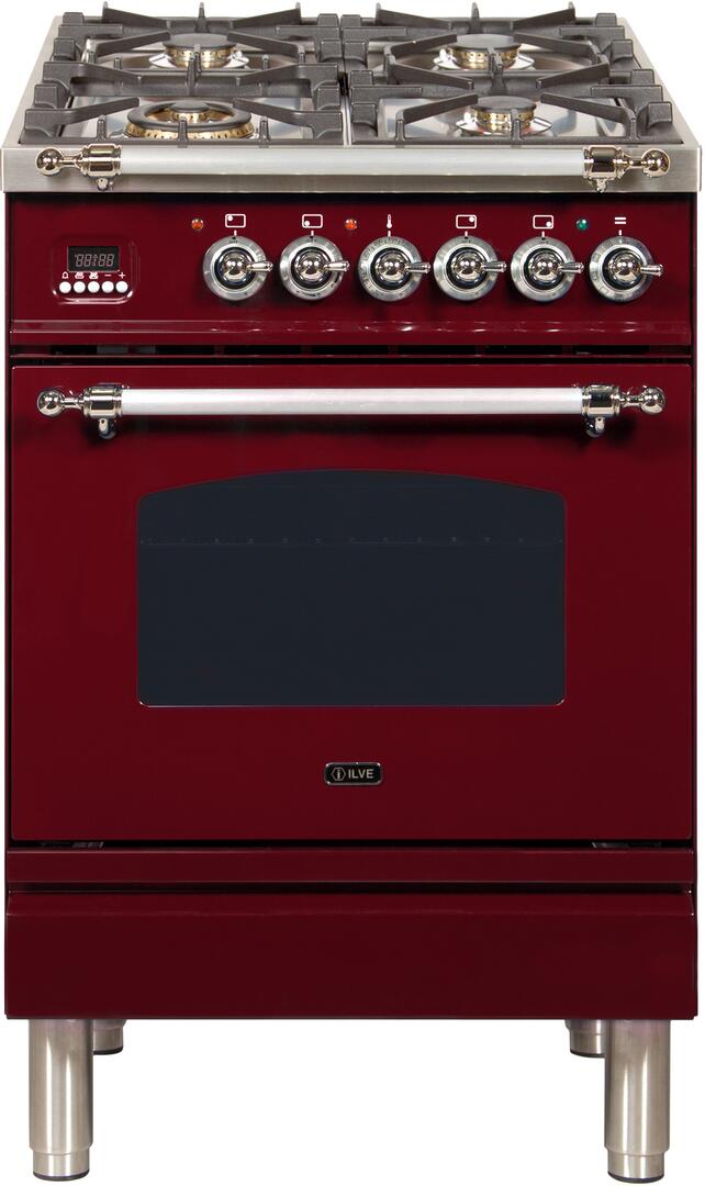 ILVE 24" Nostalgie - Dual Fuel Range with 4 Sealed Burners - 2.44 cu. ft. Oven - Chrome Trim in Burgundy (UPN60DMPRBX) Ranges ILVE 