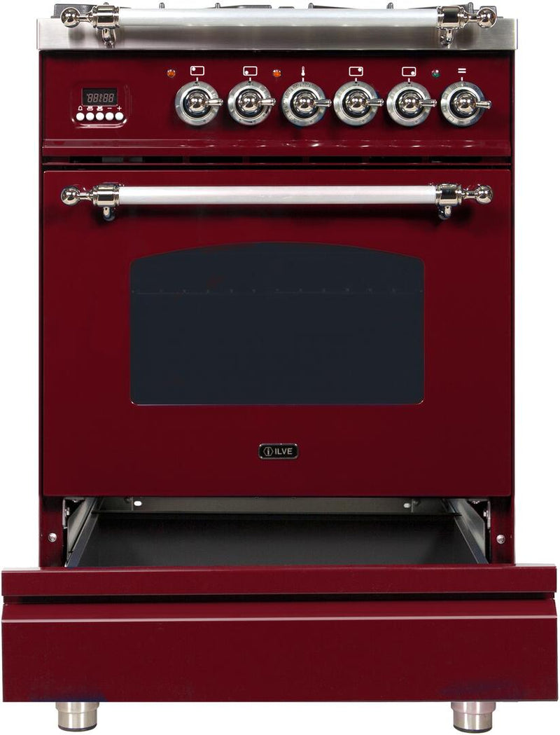 ILVE 24" Nostalgie - Dual Fuel Range with 4 Sealed Burners - 2.44 cu. ft. Oven - Chrome Trim in Burgundy (UPN60DMPRBX) Ranges ILVE 