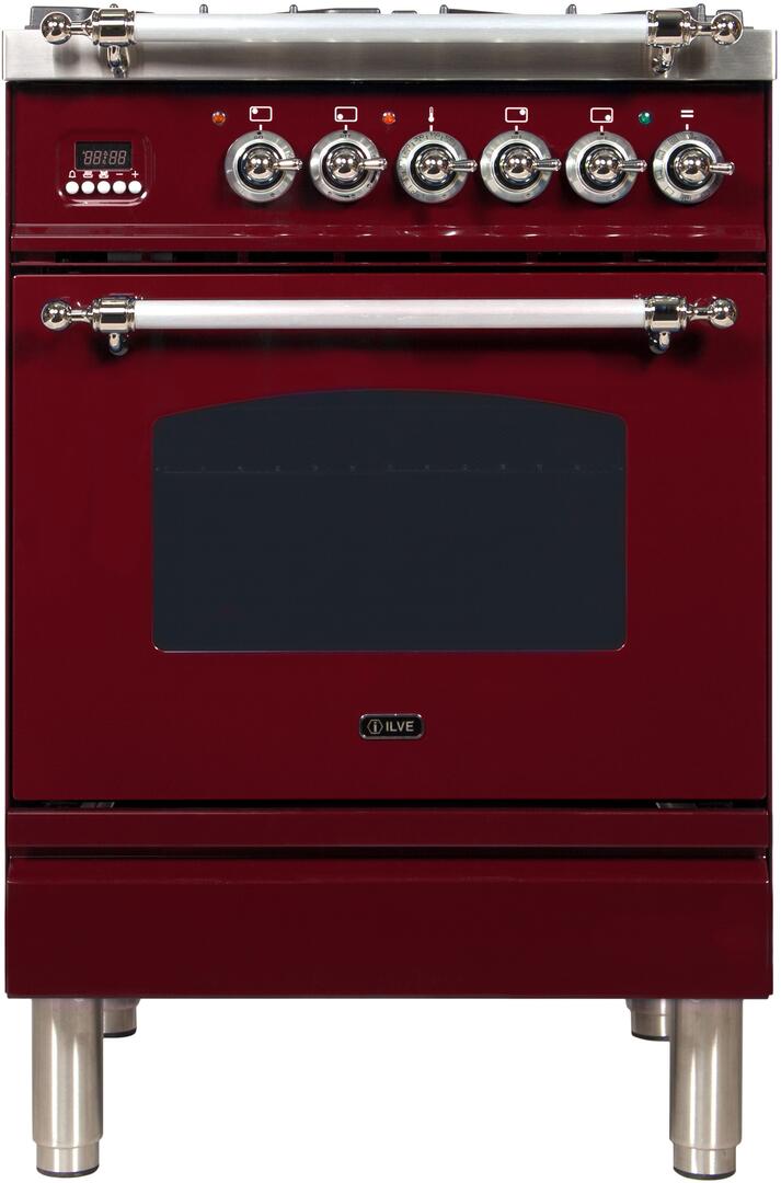 ILVE 24" Nostalgie - Dual Fuel Range with 4 Sealed Burners - 2.44 cu. ft. Oven - Chrome Trim in Burgundy (UPN60DMPRBX) Ranges ILVE 