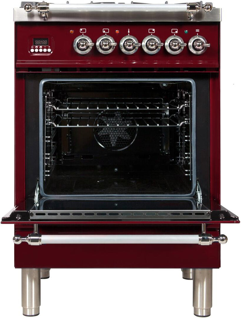 ILVE 24" Nostalgie - Dual Fuel Range with 4 Sealed Burners - 2.44 cu. ft. Oven - Chrome Trim in Burgundy (UPN60DMPRBX) Ranges ILVE 