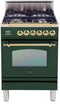 ILVE 24-Inch Nostalgie Gas Range with 4 Brass Sealed Burners - 2.4 cu. ft. Oven - Brass Trim in Emerald Green (UPN60DVGGVS)