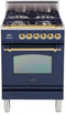 ILVE 24-Inch Nostalgie Gas Range with 4 Brass Sealed Burners - 2.4 cu. ft. Oven - Brass Trim in Midnight Blue (UPN60DVGGBL)