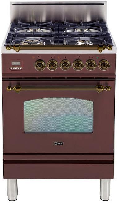 ILVE 24" Nostalgie Gas Range with 4 Semi-Sealed Burners in Burgundy with Bronze Trim (UPN60DVGGRBY) Ranges ILVE 