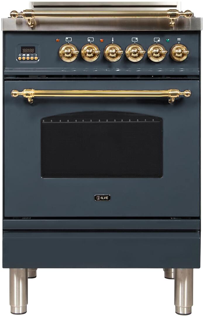 ILVE 24" Nostalgie Series Freestanding Single Oven Gas Range with 4 Sealed Burners in Blue Grey with Brass Trim (UPN60DVGGGU) Ranges ILVE 