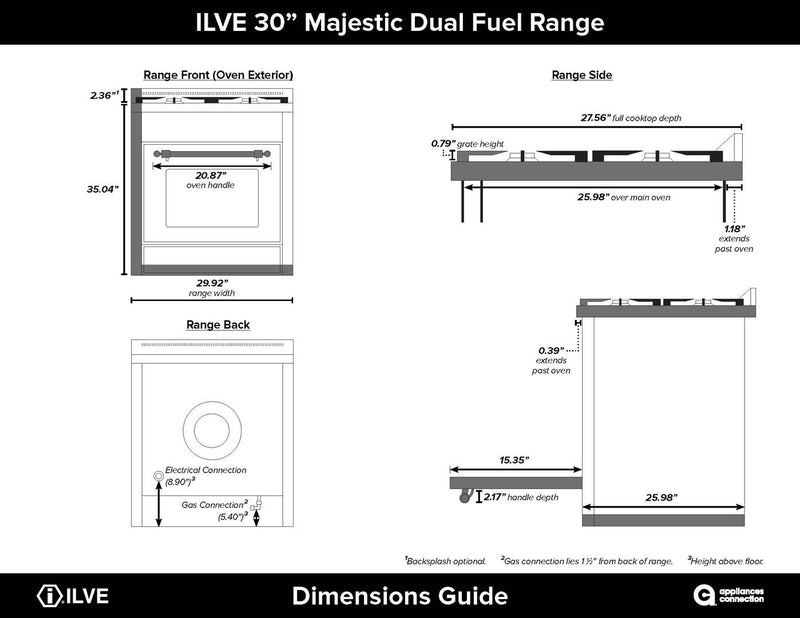 ILVE 30" Majestic II Dual Fuel Range with 5 Burners - 2.3 cu. ft. Oven - Brass Trim in Glossy Black (UM30DNE3BKG) Ranges ILVE 