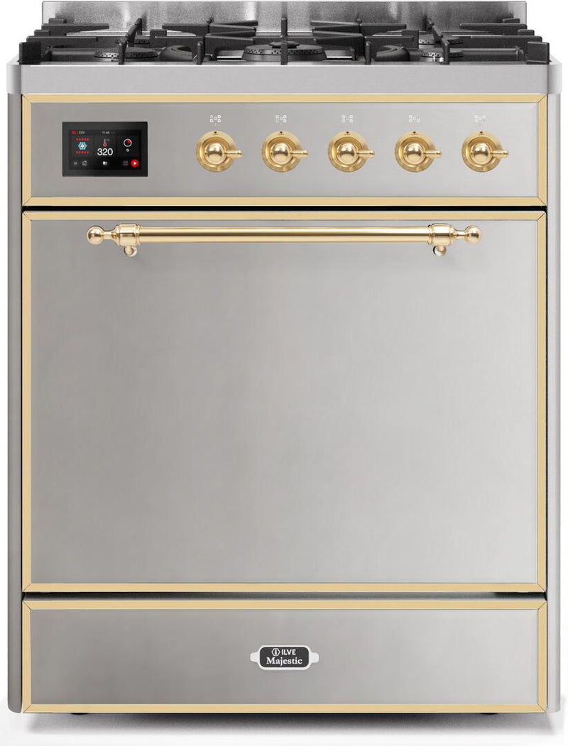 ILVE 30" Majestic II Dual Fuel Range with 5 Burners - 2.3 cu. ft. Oven - Brass Trim in Stainless Steel (UM30DQNE3SSG) Ranges ILVE 