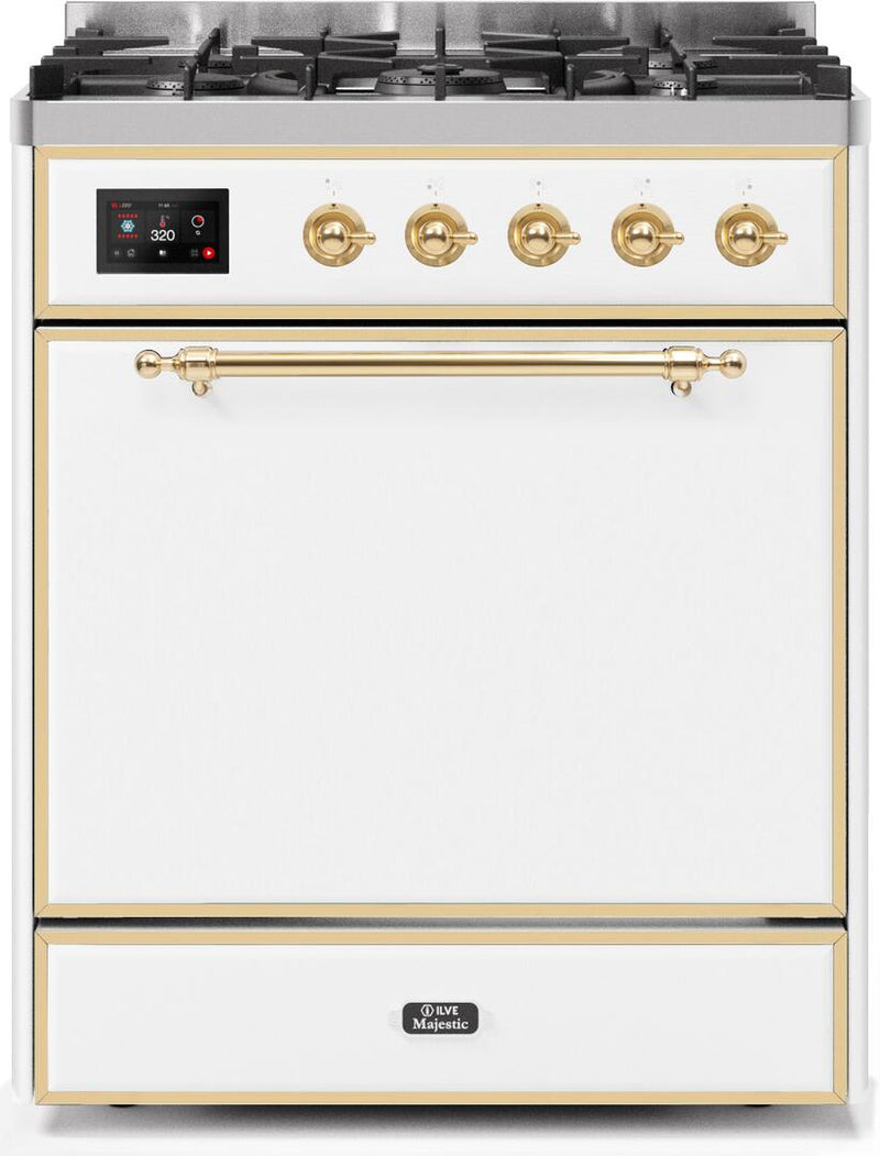 ILVE 30" Majestic II Dual Fuel Range with 5 Burners - 2.3 cu. ft. Oven - Brass Trim in White (UM30DQNE3WHG) Ranges ILVE 
