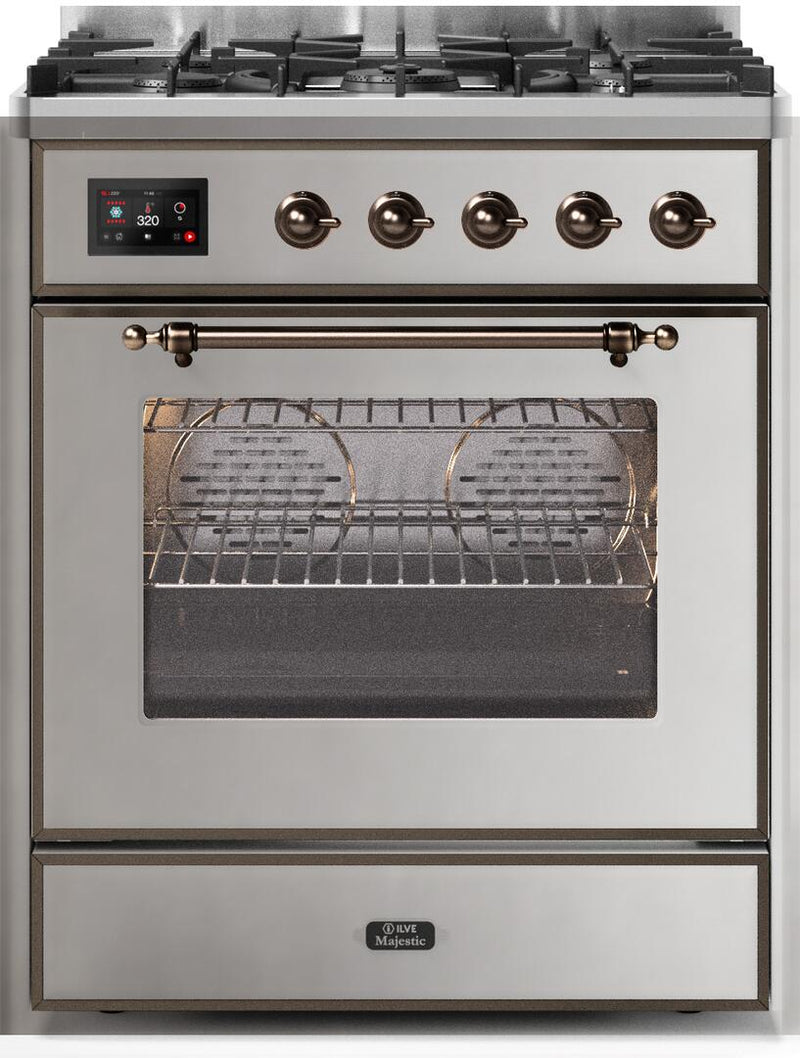 ILVE 30" Majestic II Dual Fuel Range with 5 Burners - 2.3 cu. ft. Oven - Bronze Trim in Stainless Steel (UM30DNE3SSB) Ranges ILVE 