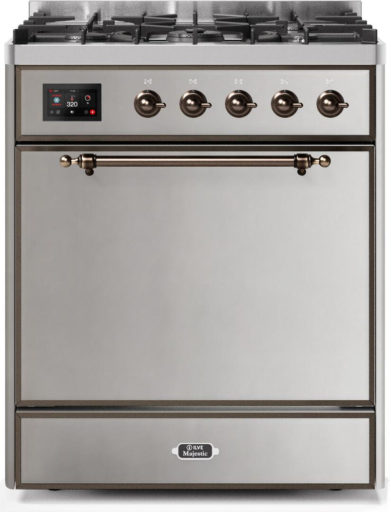 ILVE 30" Majestic II Dual Fuel Range with 5 Burners - 2.3 cu. ft. Oven - Bronze Trim in Stainless Steel (UM30DQNE3SSB) Ranges ILVE 