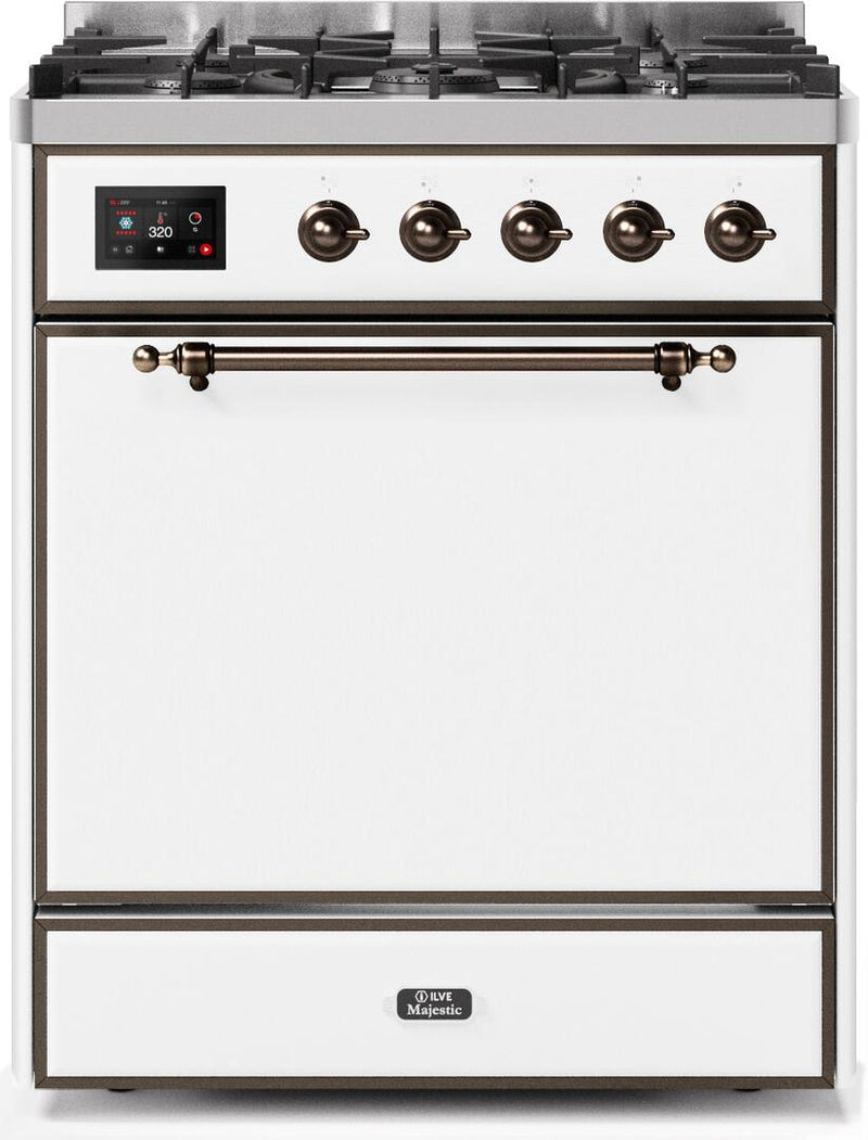 ILVE 30" Majestic II Dual Fuel Range with 5 Burners - 2.3 cu. ft. Oven - Bronze Trim in White (UM30DQNE3WHB) Ranges ILVE 