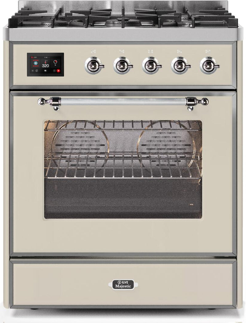 ILVE 30" Majestic II Dual Fuel Range with 5 Burners - 2.3 cu. ft. Oven - Chrome Trim in Antique White (UM30DNE3AWC) Ranges ILVE 