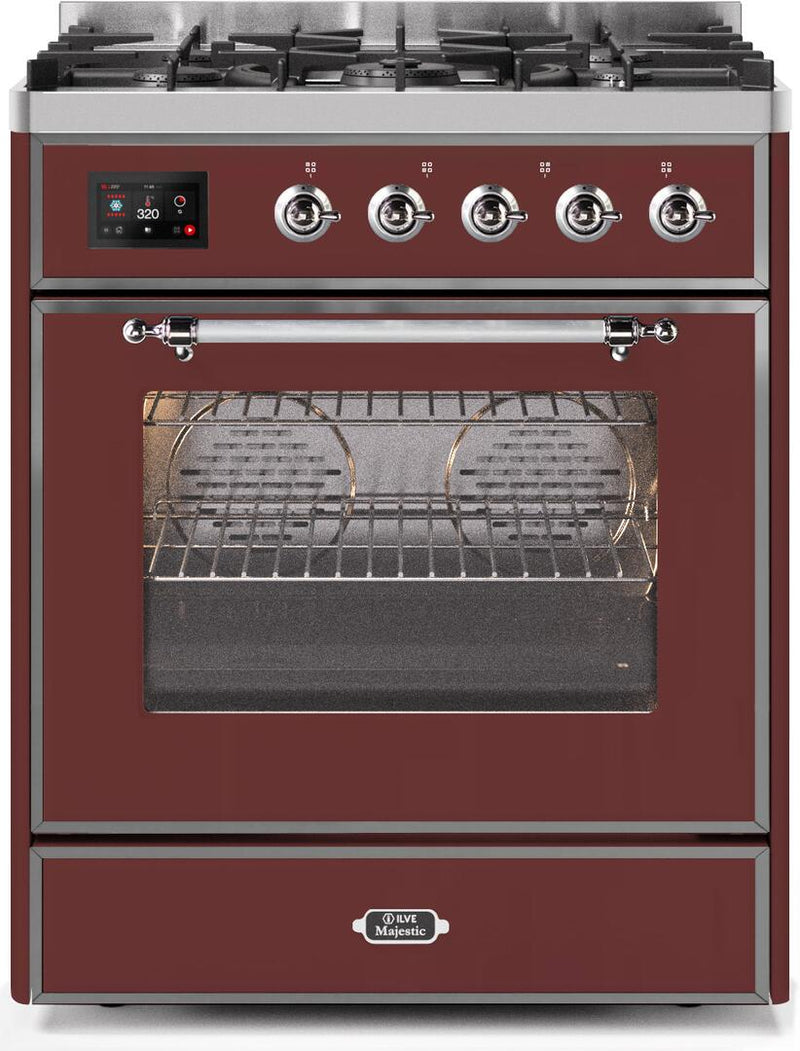 ILVE 30" Majestic II Dual Fuel Range with 5 Burners - 2.3 cu. ft. Oven - Chrome Trim in Burgundy (UM30DNE3BUC) Ranges ILVE 