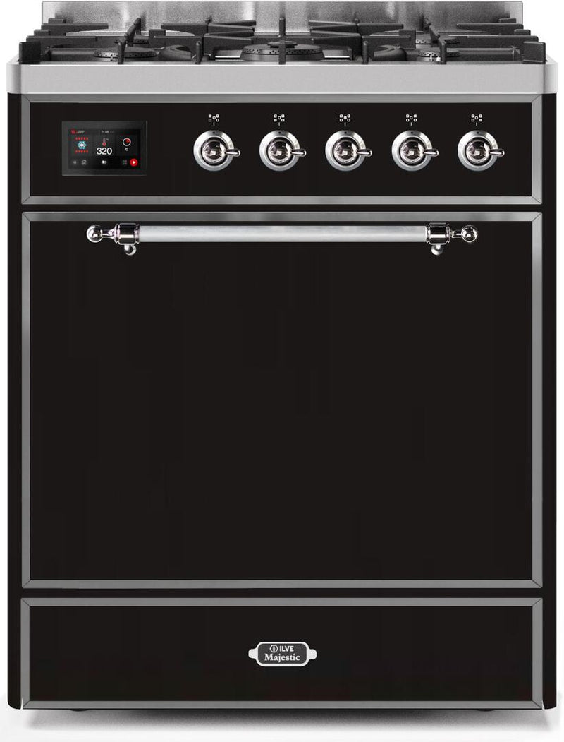 ILVE 30" Majestic II Dual Fuel Range with 5 Burners - 2.3 cu. ft. Oven - Chrome Trim in Glossy Black (UM30DQNE3BKC) Ranges ILVE 