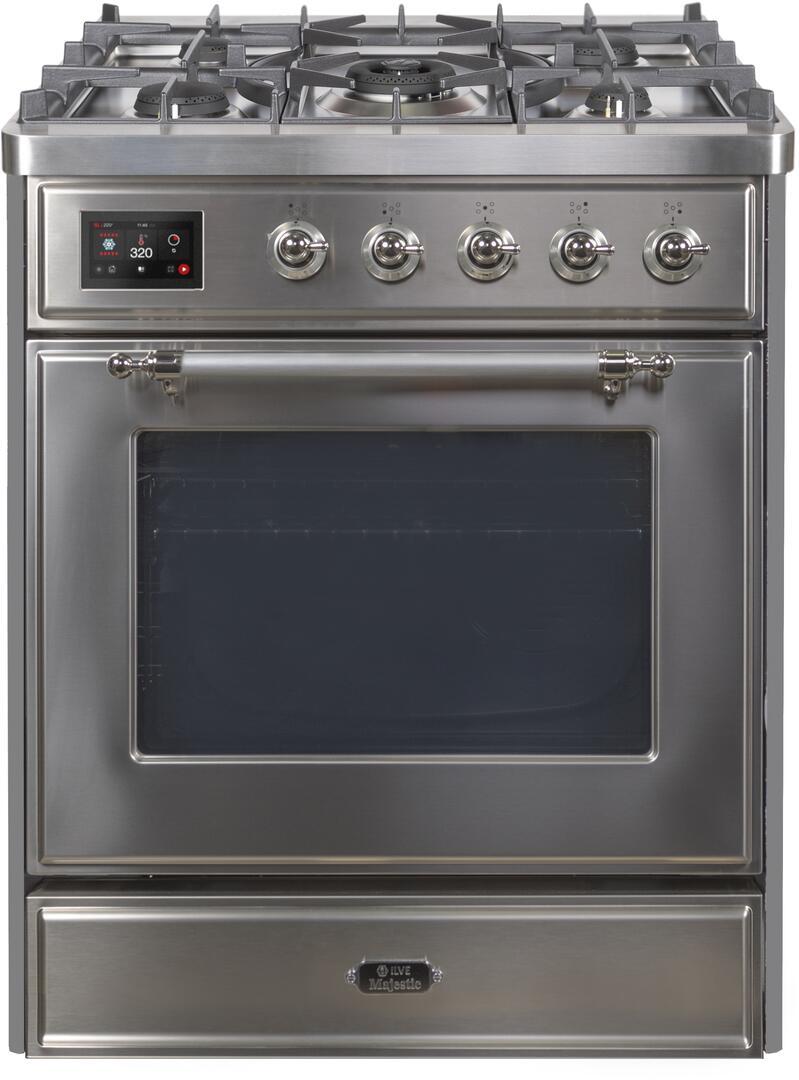 ILVE 30" Majestic II Dual Fuel Range with 5 Burners - 2.3 cu. ft. Oven - Chrome Trim in Stainless Steel (UM30DNE3SSC) Ranges ILVE 