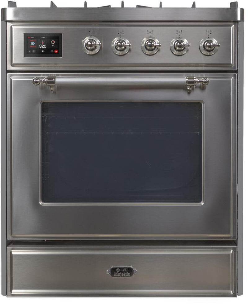 ILVE 30" Majestic II Dual Fuel Range with 5 Burners - 2.3 cu. ft. Oven - Chrome Trim in Stainless Steel (UM30DNE3SSC) Ranges ILVE 